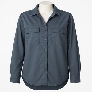 Quince Womens Long Sleeve Button Shirt Navy Blue Tencel Lyocell L Casual Western